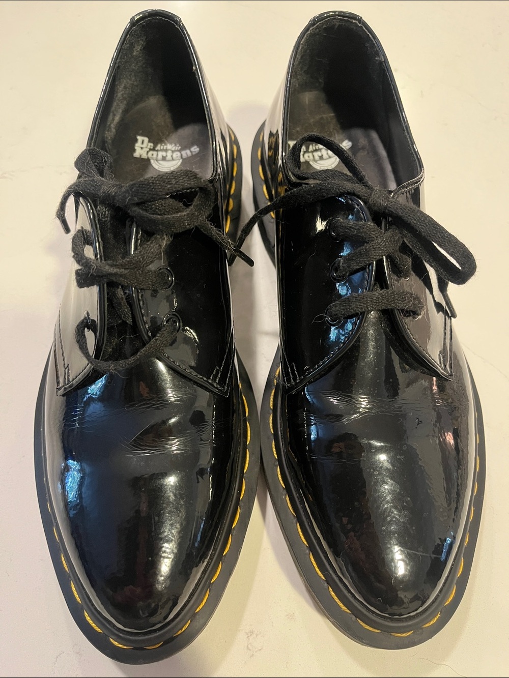 Dr. Martens Black Patent Leather 3-Eye Lace-Up Shoes with Yellow Stitching
